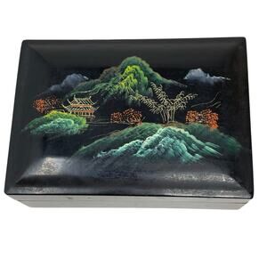 Vintage Black Lacquer Trinket Jewelry Box Hand Painted Removable Lid Asian